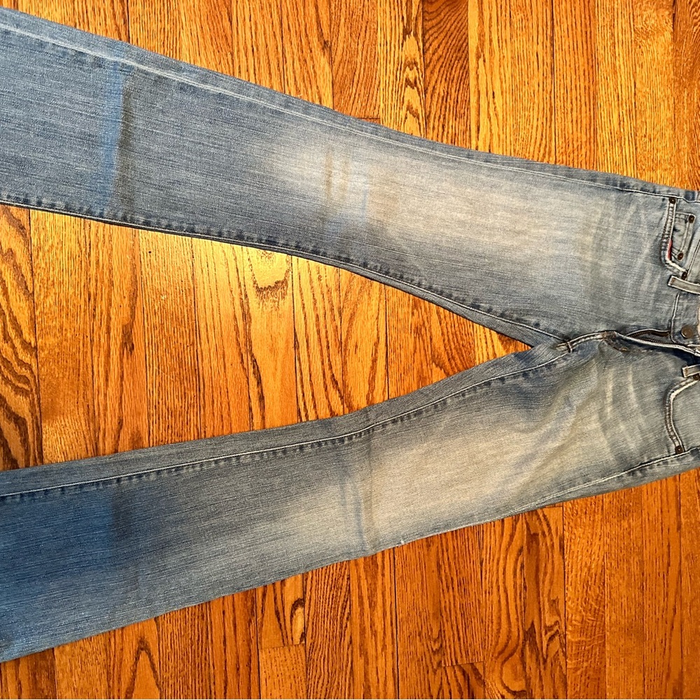 Red Engine Blue Bootcut Jeans with Distressed Details